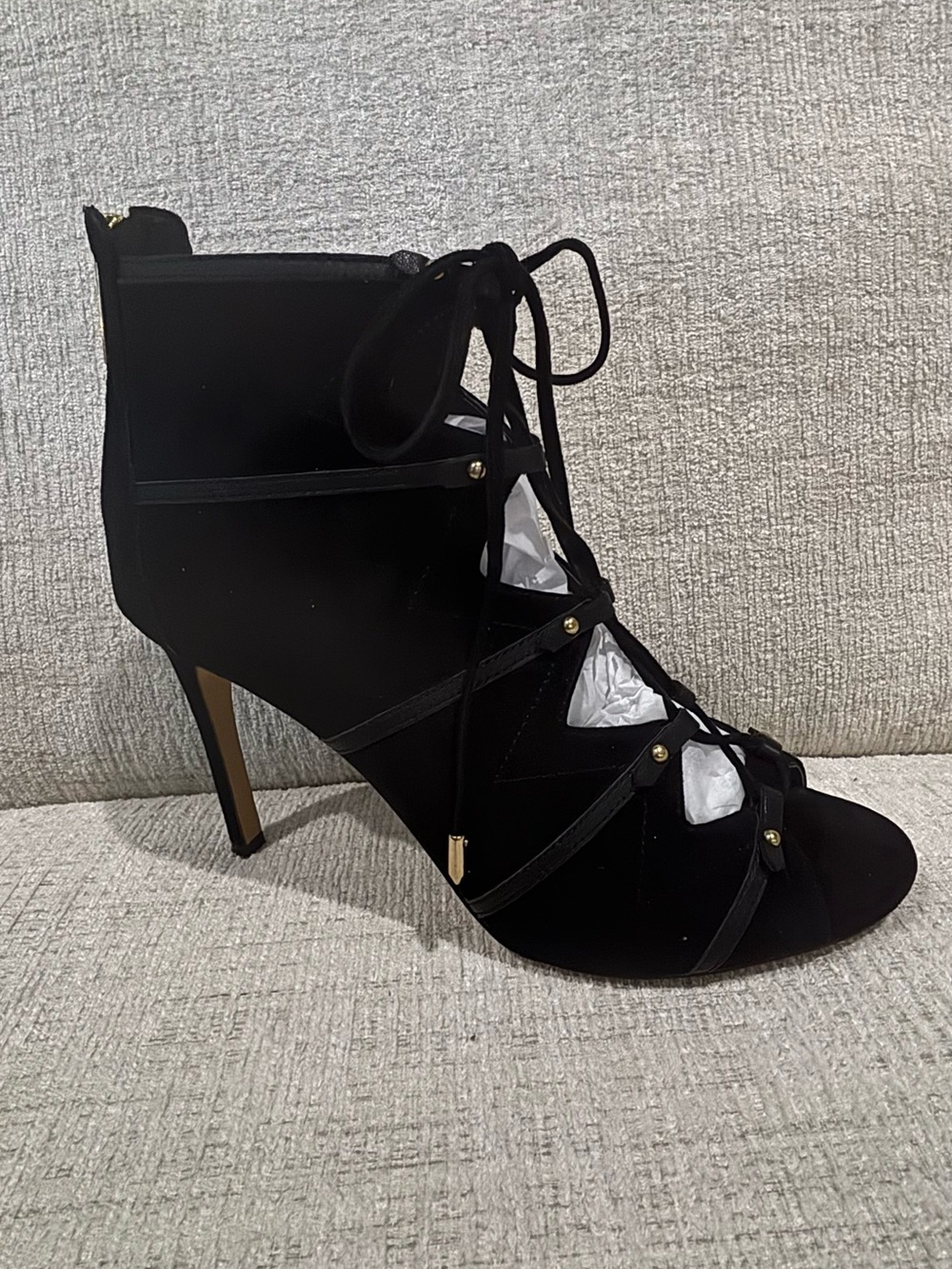 Karl Lagerfeld Paris Black Lace-Up Suede Stiletto Heel Pumps Peep Toe front SZ 9